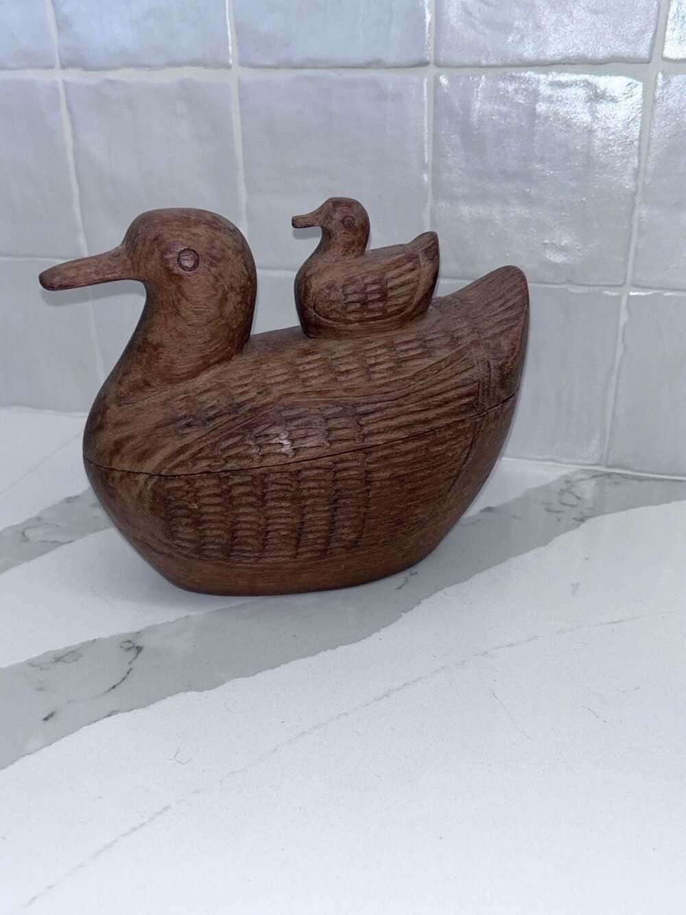 Vintage Hand-Carved Teak Wood Duck Trinket Box with Duckling